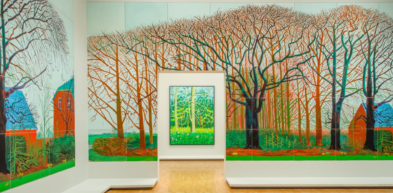 A David Hockney installation featuring trees at the National Gallery of Victoria, Melbourne, Australia. Courtesy of the National Gallery Victoria Melbourne. Article wrriten by Yuvan Kumar for Private Art Investor.