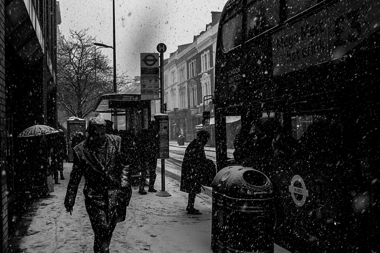 Black and white street photograph London bus 